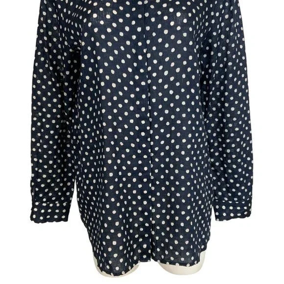 Lafayette 148 Linen Button Front Shirt L Blue Polka Dot - Picture 12 of 16